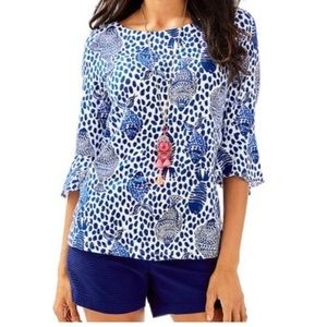 Lilly Pulitzer Fontaine Bell Sleeve Top Navy & White XL